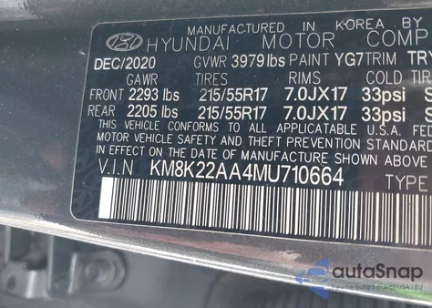 2021 Hyundai Kona Sel z USA, uszkodzony, nr VIN KM8K22AA4MU710664